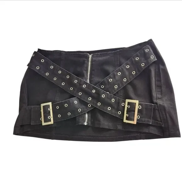 NWT Shein Sky Black Denim Micro Mini Skirt With Belt Details Size XL/12 - Picture 5 of 9
